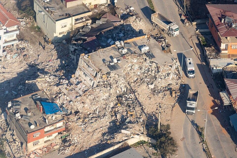 Aerial view of collapsed buildings in Hatay Province, Turkey, after the 2023 earthquake