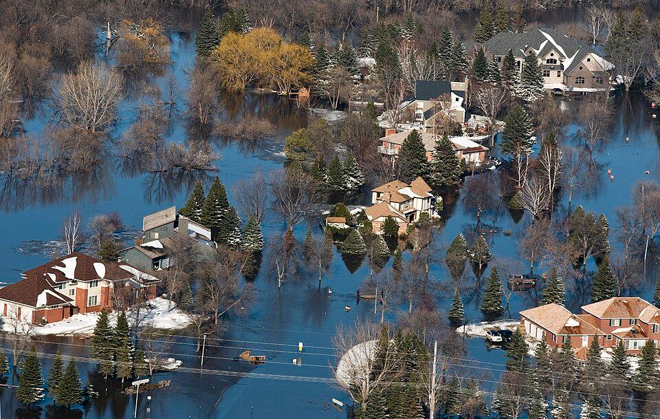 Aerial view of a residential neighbourhood under floodwater in Fargo, North Dakota