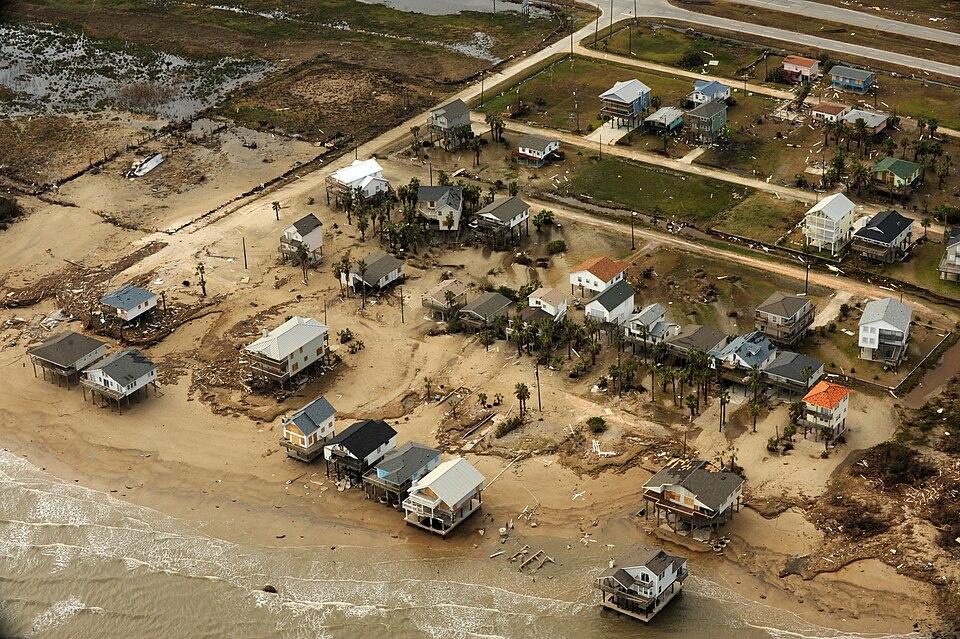 Aerial view of storm-damaged waterfront homes on Galveston Island after Hurricane Ike