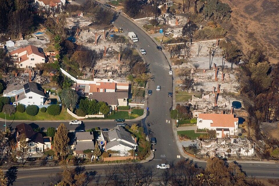 Aerial view of a neighbourhood where homes were destroyed by wildfire in California